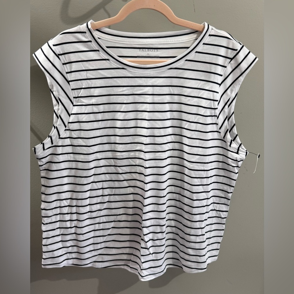 Talbots White and Black Striped Sleeveless Cotton TShirt Sz XL NWT